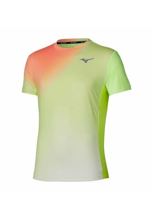 Kurzärmeliges Sportshirt mit Farbverlauf von Hellgrün zu Orange und kleinem grauen Mizuno-Logo auf der Brust.
