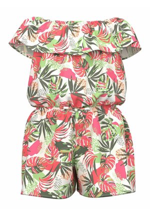 Combinaison off-shoulder avec un col froncé, motif floral éclatant en rose, vert et blanc, dotée d'une taille élastique et de shorts.