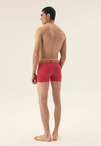 Czerwone bokserki z żółwą elastyczną tasiemką "HENDERSON", wykonane z gładkiego materiału, pokazane na męskim modelu bez koszuli, z tyłu.