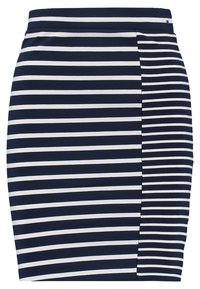 Marinblå och vit randig figurpassad kjol i stretchigt material, med en sidoslits för fri rörelse och en slät midjeband.