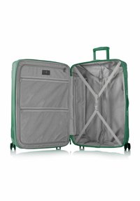Valigia rigida verde con interni grigi, dotata di scomparti con zip e cinghie elastiche incrociate per un'organizzazione ottimale. Due ruote e manico estraibile.