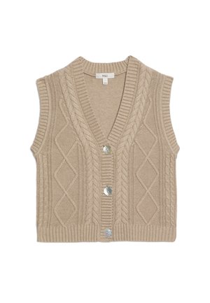 Beige gestrickte Weste mit V-Ausschnitt, ärmellosem Design, Zopfmuster und zwei großen Knöpfen an der Vorderseite. Weiche Textur.