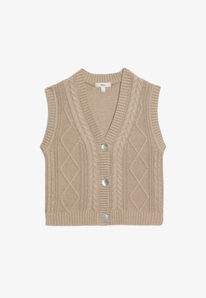 Beżowy kamizelka dzianinowa z dekoltem w serek, bez rękawów, wzór w warkocze i dwa duże guziki z przodu. Miękka faktura.