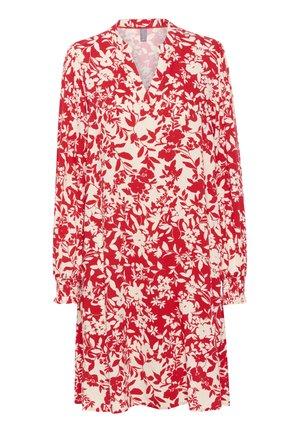 Blommig klänning i röd och vit, med v-ringning, långa ärmar och samlade manschetter. Tillverkad av lättviktig tyg med en svävande design.