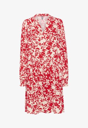 Lillelilleline kleit punases ja valges, v-kaelusega, pikkade varrukatega ja kogutud mansettidega. Valmistatud kergetest materjalidest, voolava disainiga.