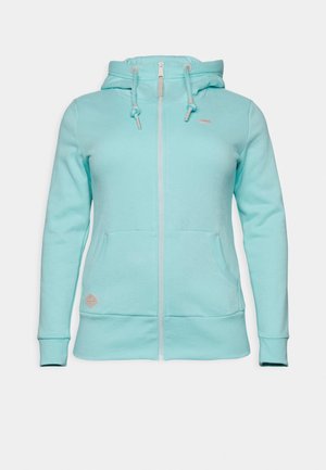 Sweat à capuche bleu clair avec fermeture éclair à l'avant, cordons réglables, manches longues et deux poches devant.