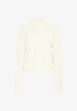 Bjela, rebrasta pletena dukserica s visokom kragnom, dugim rukavima i skraćenim rubom. Izrađena od mekane, teksturirane pletene tkanine.