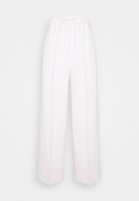 Vita, högmidjade byxor med dragsko i midjan, vid ben design, veck framtill och en slät, strukturerad tygfinish.