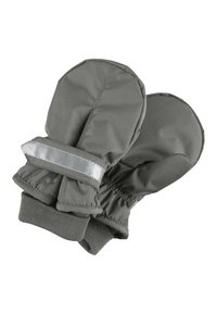 Graue Handschuhe mit elastischen Bündchen, die ein reflektierendes Silberband ums Handgelenk haben. Hergestellt aus glattem, strapazierfähigem Material mit abgerundeter Form.