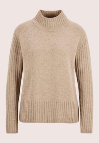 Beige gerippter Strickpullover mit hohem Stehkragen, langen Ärmeln und gerippten Bündchen und Saum.