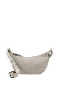 Helles graues Schultertasche aus glattem Stoff mit geschwungener Form, verstellbarem Riemen und Reißverschluss. Verfügt über eine dezente gerippte Textur.