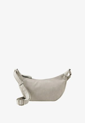 Borsa a spalla grigia chiara realizzata in tessuto morbido con forma curva, tracolla regolabile e chiusura con zip. Presenta una sottile texture rigata.