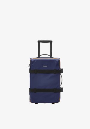 Valigia rigida navy realizzata in tessuto resistente, con forma rettangolare, due manici neri e manico retrattile.