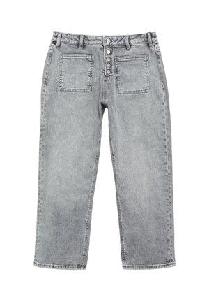 Graue Denim-Jeans mit Knopfleiste, zwei aufgesetzten Fronttaschen, Gürtelschlaufen und geradem Bein.