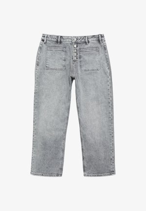 Jeans in denim grigio con chiusura con bottoni, due tasche applicate frontali, passanti per cintura e taglio dritto.
