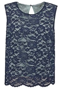 Haut sans manches en dentelle bleu marine avec motif floral, encolure ronde et détail goutte d'eau dans le dos ; ourlet festonné ajoutant de la texture et un intérêt design.