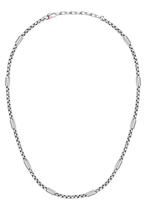 Collana in argento caratterizzata da link cilindrici e rettangolari alternati. Texture liscia con una finitura lucida, chiusa con un gancio a molla.