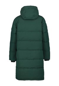 Giacca puffa verde con cappuccio, caratterizzata da un design trapuntato orizzontale, maniche lunghe e una vestibilità oversize. Texture liscia, materiale leggero.