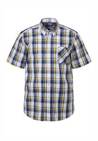 Camicia a maniche corte con bottoni, caratterizzata da un motivo a quadri blu, giallo e bianco. Include una tasca sul petto con pattina. Tessuto misto cotone.