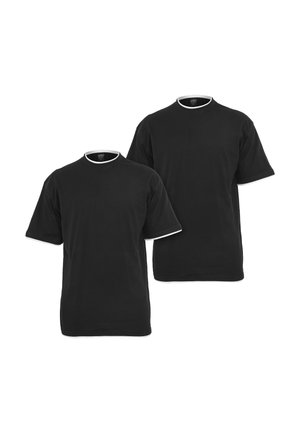Deux t-shirts noirs unis à manches courtes avec un liseré blanc sur le col et les bords des manches, présentés sur un fond blanc.