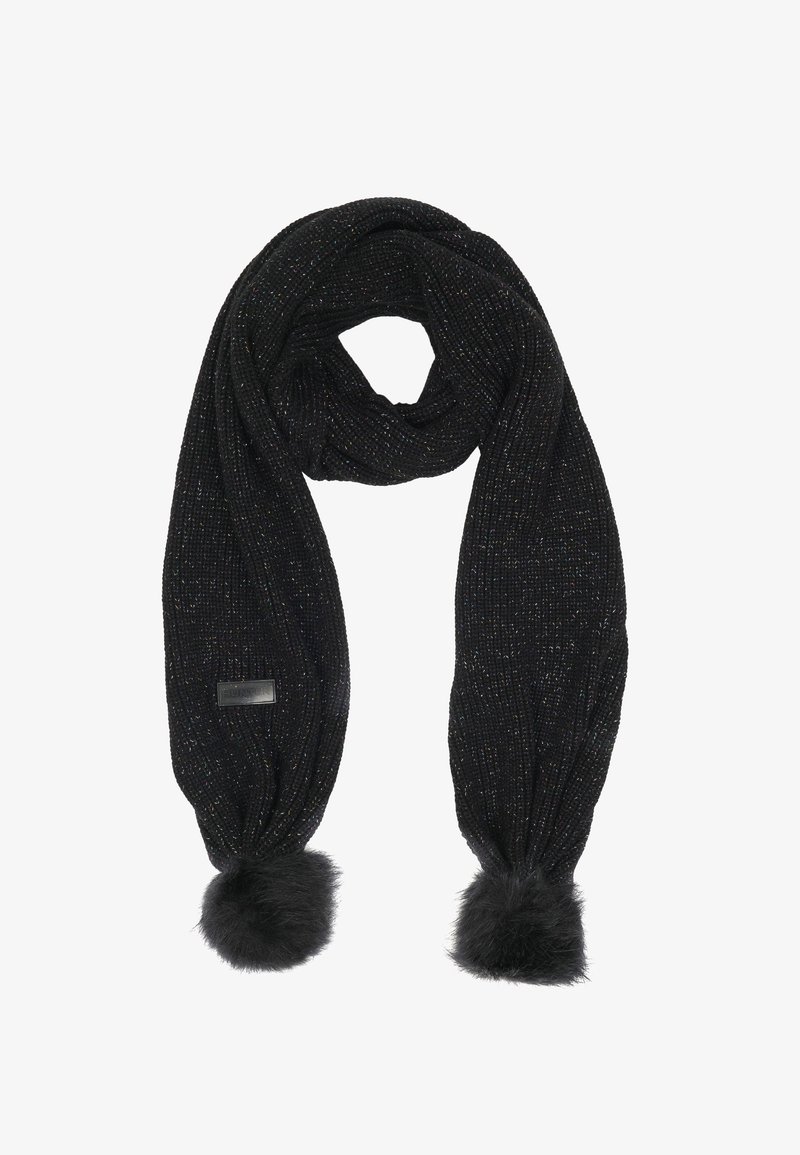 Écharpe noire en tricot avec des paillettes discrètes, deux pompons duveteux aux extrémités, et une petite étiquette de marque rectangulaire sur un côté.