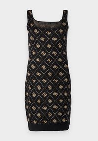 Robe noire sans manches en maille avec un motif de losanges beiges et des designs de logo entrelacés répétés, encolure carrée et ourlet côtelé.