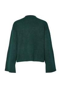 Zielony metaliczny sweter dzianinowy, skrócony krój, szerokie rękawy, luźny fason, lekko połyskująca tekstura, bez widocznych zapięć lub ozdób.