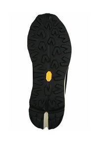 Musta kumikenkien pohja, jossa on syvällinen kulutuspatteri ja keltainen Vibram-logo keskellä. Teksturoitu pinta tarjoaa parannetun pidon ja kestävyuden.