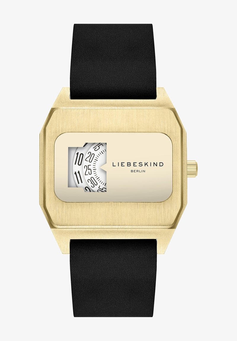 Goldenes rechteckiges Armband mit strukturiertem Gehäuse, schwarzem Silikonarmband und einem weißen Zifferblatt, das schwarze Zahlen anzeigt, mit dem Logo "LIEBESKIND BERLIN".