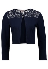 Mörkblå kort cardigan med långa ärmar, spetspanel vid axlarna, öppen framtill och lätt stretchigt material.