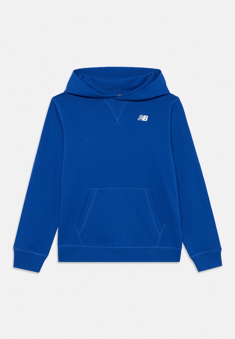 Sweat-shirt à capuche bleu en tissu doux avec une poche kangourou à l'avant et des poignets côtelés. Il présente un petit logo blanc sur la poitrine.