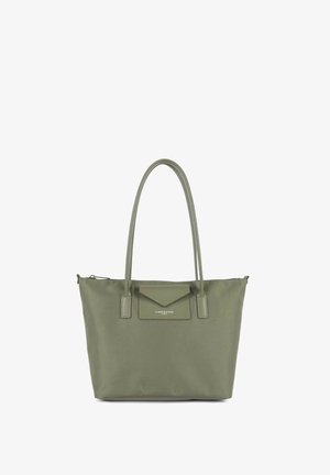 Olive green tote bag with two long handles, front flap pocket with "Lancaster Paris" logo, and top zipper closure.