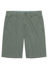 Vihreät puuvillashortsit suoralinjaisella leikkauksella, joissa on kaksi etutaskua, yksi takatasku ja napin suljenta. Sileä pinta.