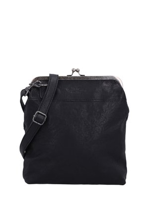 Sort læder crossbody taske med sølvfarvet metalspænde og justerbar rem, vist på hvid baggrund.