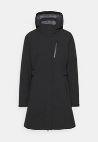 Schwarze wasserdichte Parkajacke mit Kapuze, Frontreißverschluss, verstellbarem Taillenbund, seitlichen Taschen und einem strukturierten Innenfutter.