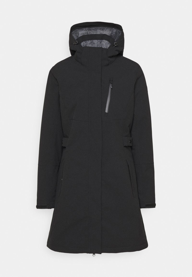 Parka noir imperméable avec capuche, fermeture éclair à l'avant, taille ajustable, poches latérales et doublure intérieure texturée.