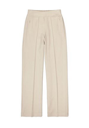 Beige wijduitlopende broek met een gladde textuur, voorzien van twee steekzakken aan de voorkant en gestikte details langs de voorste naden. Elastische tailleband.