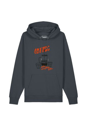 Dunkelgrauer Hoodie mit Fronttasche und Kordelzug, mit einer Illustration einer Kaffeekanne und zwei Gläsern mit dem Text "Coffee makes everything better."