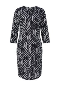 Robe noire avec un motif géométrique blanc, dotée d'un col rond et de manches trois-quarts, fabriquée en tissu flexible.