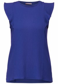 Blauwe mouwloze top van textuurstof, met subtiele ruffle-accenten op de schouders en een gladde ronde halslijn. Roept een moderne, casual stijl op.