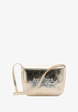 Gold metallic crossbody bag with a glossy finish, featuring three silver star appliqués on the front and a thin shoulder strap.