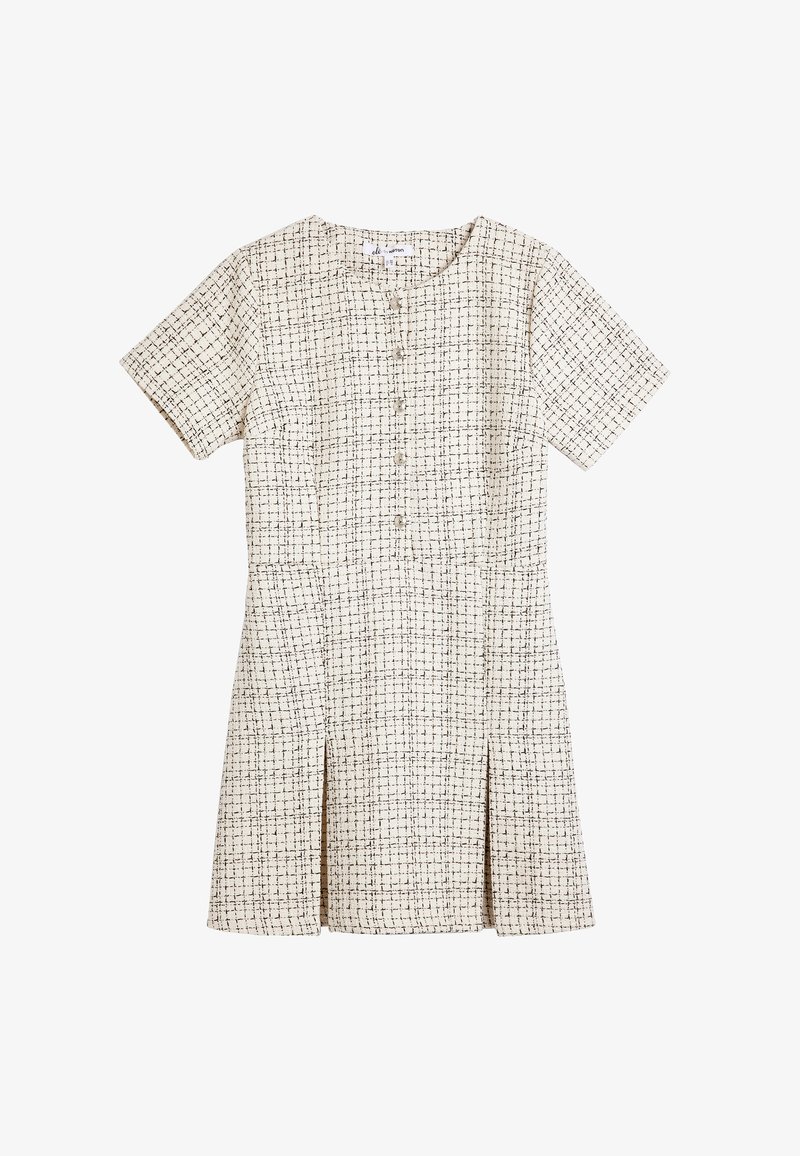 Kurzarmkleid aus einem gewebten cremefarbenen Stoff mit einem schwarzen Karomuster. Verfügt über einen runden Ausschnitt, eine Knopfleiste und seitliche Schlitze.