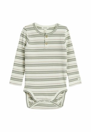 Babyrompertje met lange mouwen met groene en beige horizontale strepen, twee knopen aan de voorkant en drukknoopsluitingen aan de onderkant.