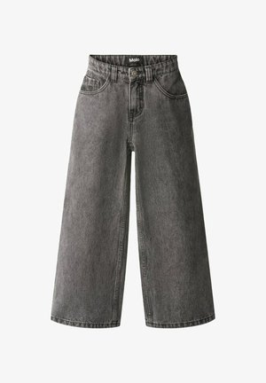 Bukser med vide ben i falmet sort denim, der har høj talje, forlommer og lukning med knapper. Glat tekstur med minimal detaljering.