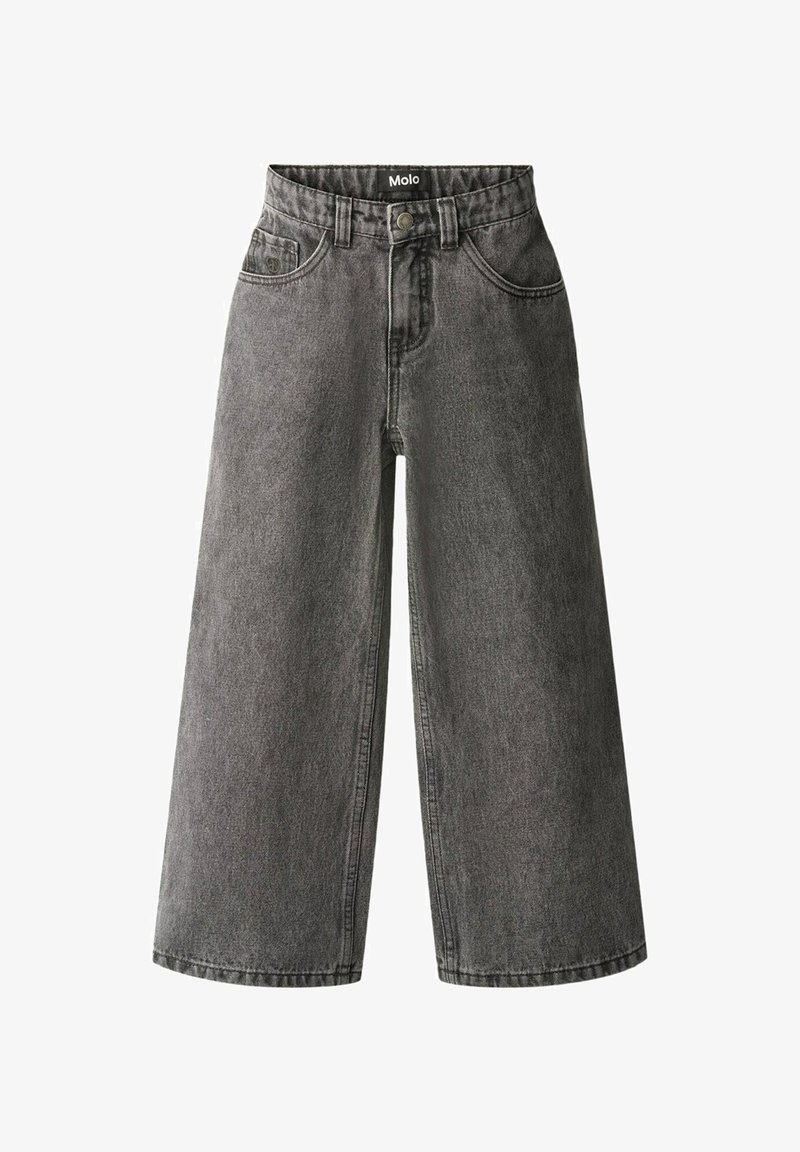 Jeans à jambes larges en denim noir délavé, à taille haute, avec poches avant et fermeture à boutons. Texture lisse avec peu de détails.