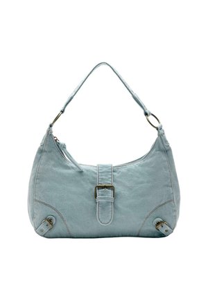 Világoskék farmer anyagú kézitáska vállpánttal, központi csattal és két díszítő csattal az alsó sarkoknál.