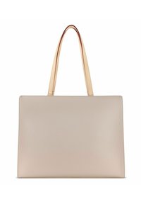 Sac fourre-tout en cuir beige avec deux poignées. Forme rectangulaire plate, finition texturée et couture minimale. Pas de quincaillerie ni de motifs visibles.