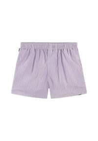Boxeri cu dungi violet deschis, cu un talie elastică. Fabricati dintr-un material moale; prezintă linii verticale subțiri și un etichete mic cu brandul.