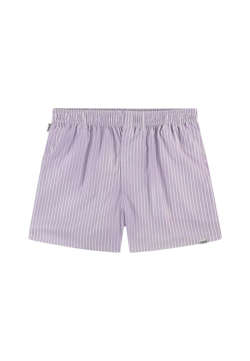 Boxeri cu dungi violet deschis, cu un talie elastică. Fabricati dintr-un material moale; prezintă linii verticale subțiri și un etichete mic cu brandul.