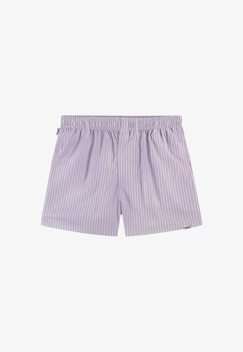 Boxeri cu dungi violet deschis, cu un talie elastică. Fabricati dintr-un material moale; prezintă linii verticale subțiri și un etichete mic cu brandul.
